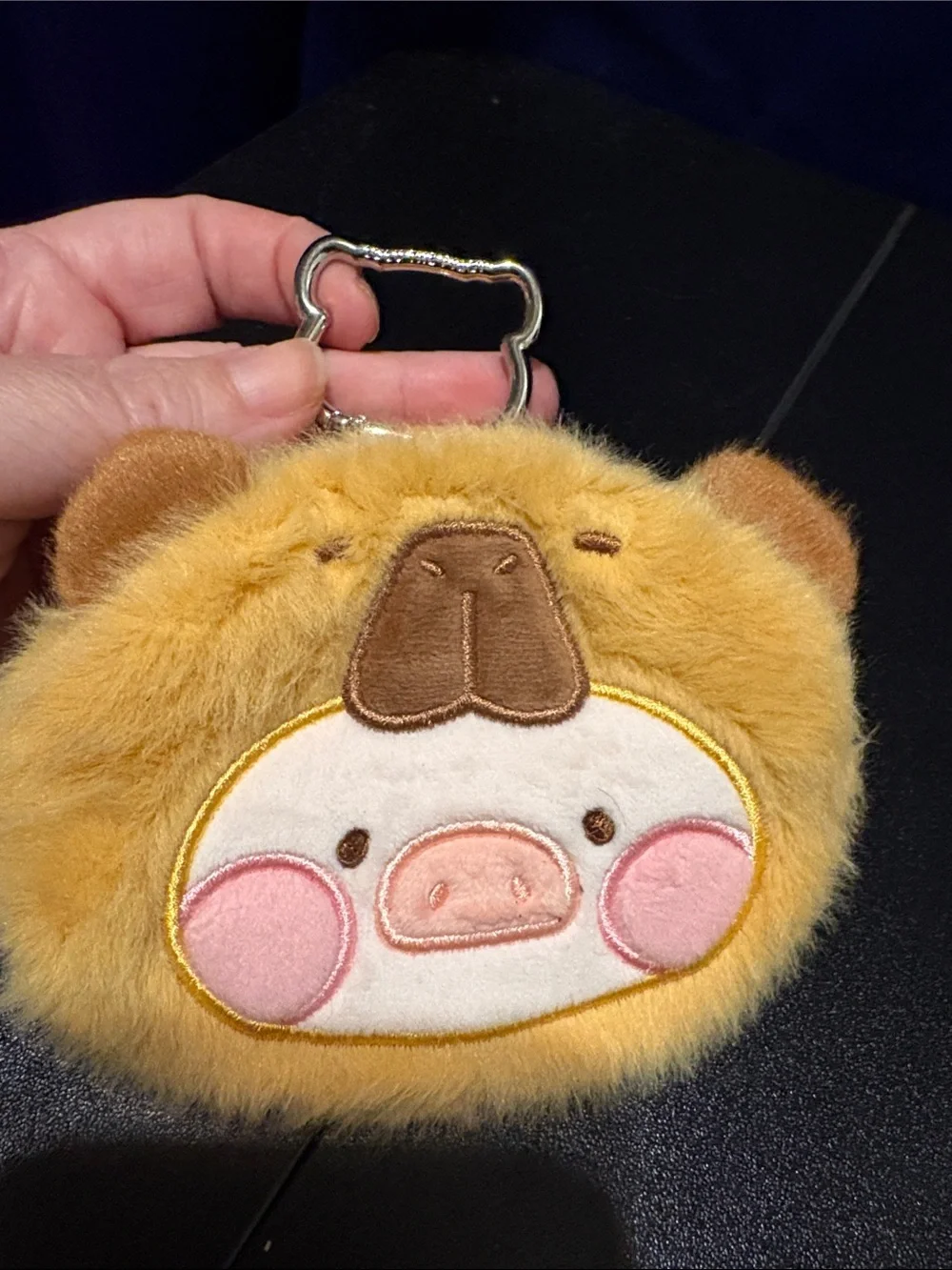 Cute Fuzzy Pig Keychain Pouch in Mustard Yellow and Pink